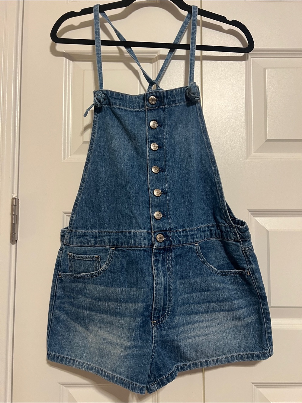 American Eagle Denim Button-Front Overall Shorts